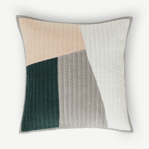 Giacomo Patchwork Velvet Cushion, 50x50cm, Peacock green & Plaster Pink
