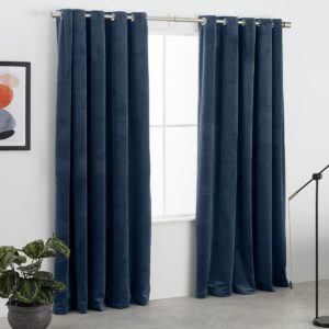 Julius Velvet Eyelet Lined Pair of Curtains, 168 x 228cm, Ink Blue